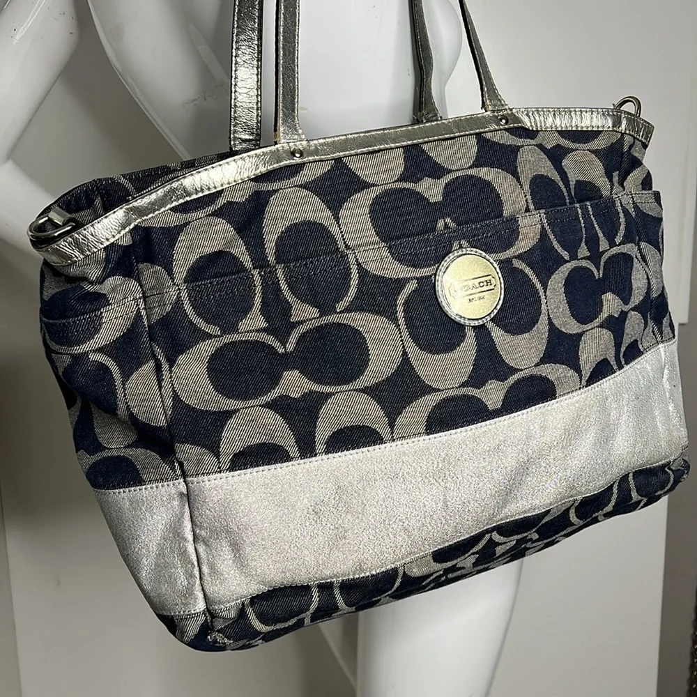 Coach XL Denim Blue and Silver Leather Zip Top Diaper Tote Travel Bag